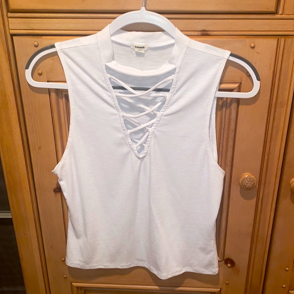 Garage white ribbed cross cross tank, size large